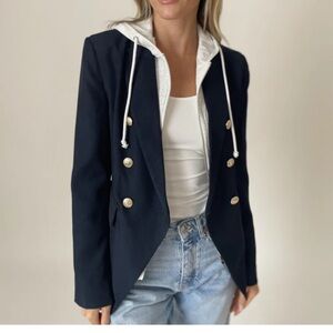 Women's Black Double-Breasted Blazer with Hood Detail